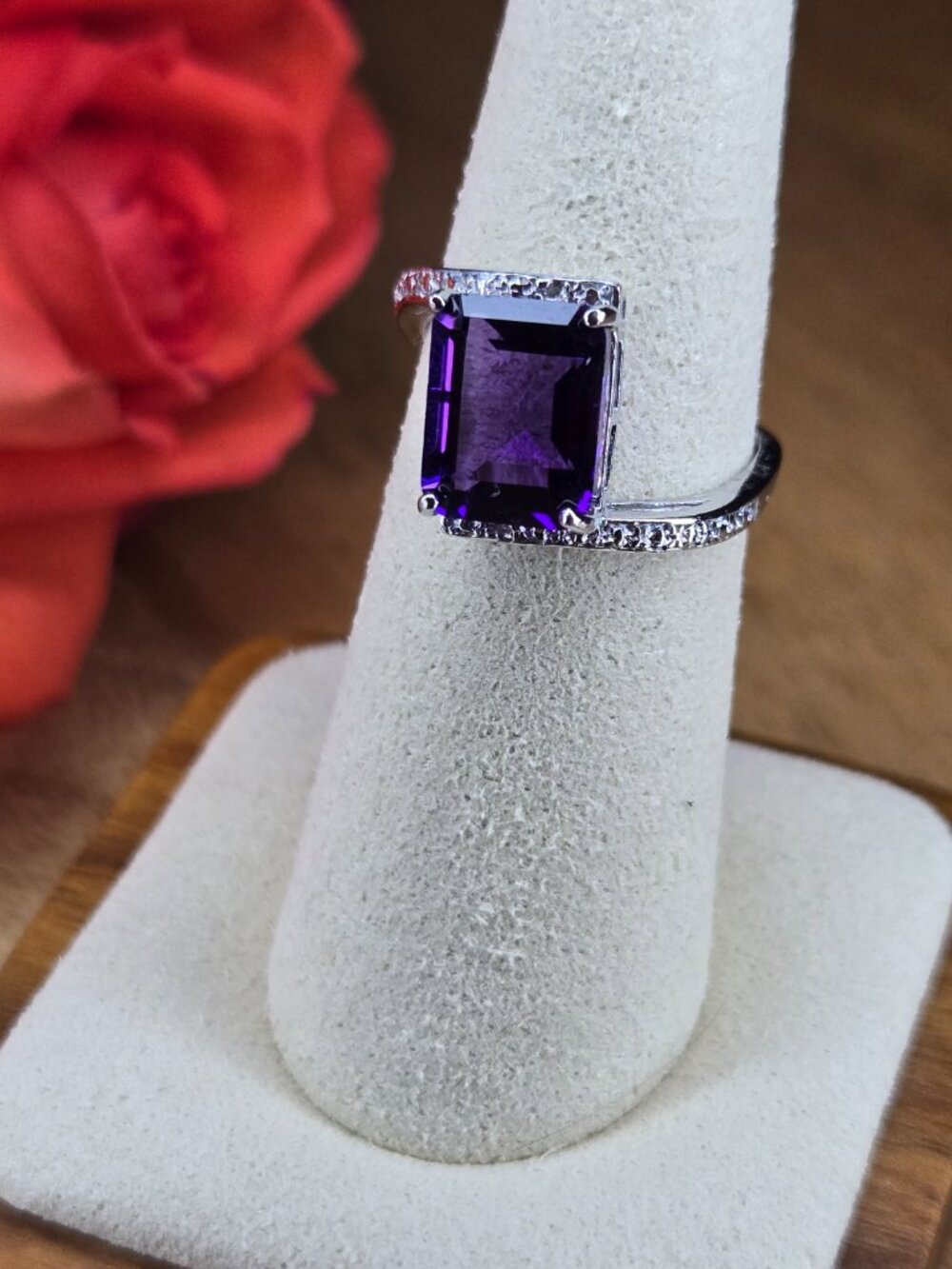 NWOT Purple Emerald-Cut Amethyst W/ Natural Diamond Accents S925 Size 7